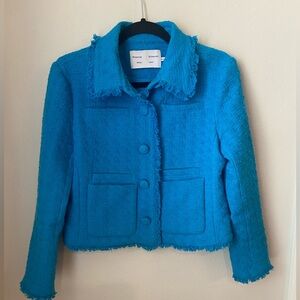 Proenza Schouler White Label Blue Tweed Cropped Jacket Frayed Trim Size 6